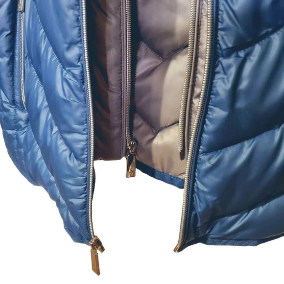 NWT Kenneth Cole Blue Gray Bib Front Zip Hooded Puffer Jacket Petrol L - Picture 9 of 16